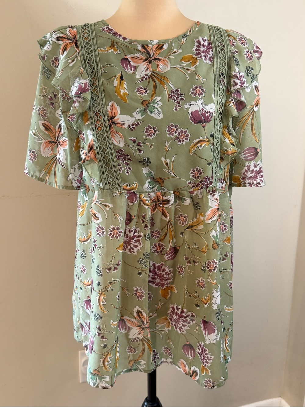 Jodifl green brown floral lace short sleeve top SZ M FLAW